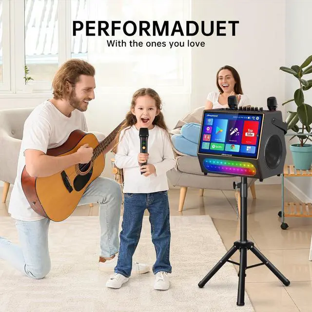 Alt view image 3 of 7 - Karaoke Machine with Lyrics Display Screen for Adults, Bluetooth Speaker with 2 Rechargeable UHF Mics, Built-in 14" Tablet & WiFi, DJ Lights, Portable Karaoke System for Party(Stand Included)