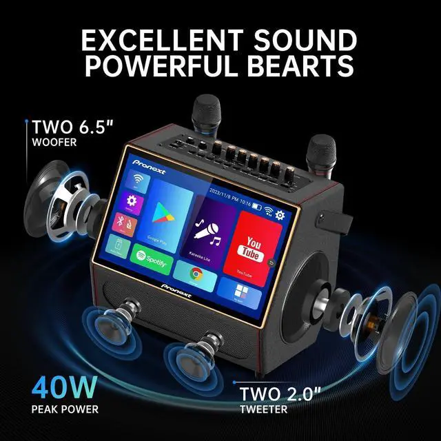 Alt view image 4 of 7 - Karaoke Machine with Lyrics Display Screen for Adults, Bluetooth Speaker with 2 Rechargeable UHF Mics, Built-in 14" Tablet & WiFi, DJ Lights, Portable Karaoke System for Party(Stand Included)