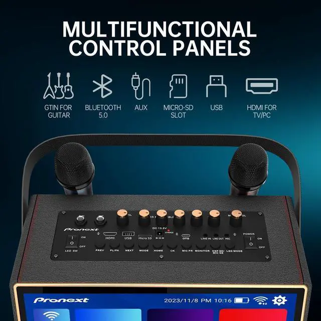 Alt view image 7 of 7 - Karaoke Machine with Lyrics Display Screen for Adults, Bluetooth Speaker with 2 Rechargeable UHF Mics, Built-in 14" Tablet & WiFi, DJ Lights, Portable Karaoke System for Party(Stand Included)