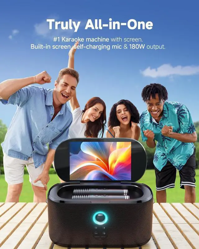 Alt view image 2 of 7 - Smart Karaoke Machine, Built-in 10.1" Screen Lyrics Display for Adults Kids, 2 Auto Charging Wireless Microphones, Portable Bluetooth Speaker PA System with WiFi, HDMI for Home TV Outdoor Party