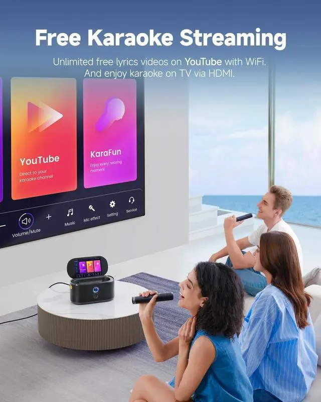 Alt view image 6 of 7 - Smart Karaoke Machine, Built-in 10.1" Screen Lyrics Display for Adults Kids, 2 Auto Charging Wireless Microphones, Portable Bluetooth Speaker PA System with WiFi, HDMI for Home TV Outdoor Party