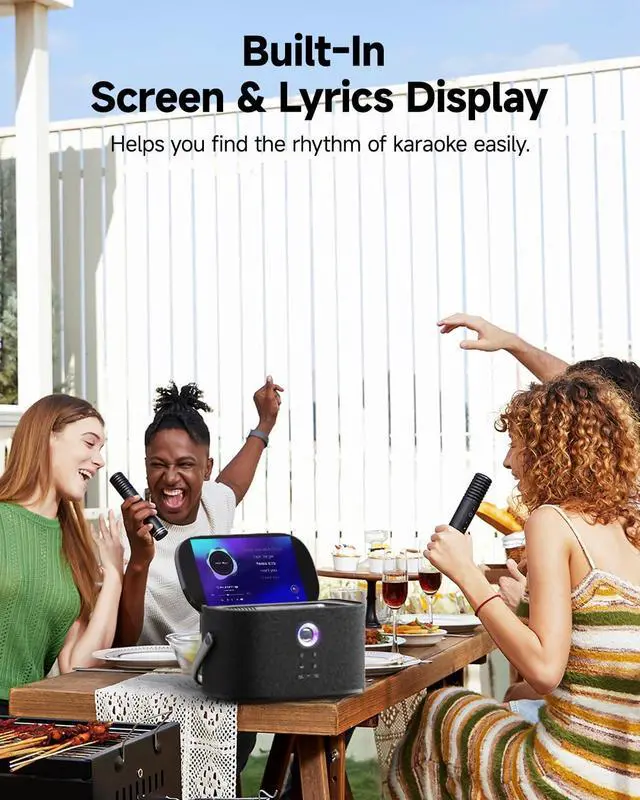 Alt view image 3 of 7 - Portable Karaoke Machine for Adults, Built-in Lyrics Display and Screen, 2 Self-Charging Wireless Microphones, Karaoke App, 140W Speaker, Connects to TV for Home Outdoor Karaoke
