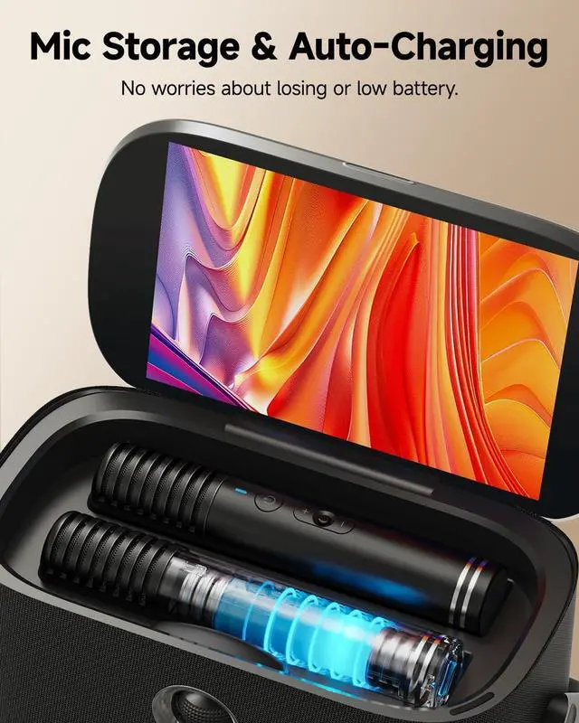 Alt view image 6 of 7 - Portable Karaoke Machine for Adults Kids, Built-in Lyrics Display and Screen, 2 Self-Charging Wireless Mics, Karaoke App, Connect to TV, Bluetooth Speaker PA System for Home Outdoor Party
