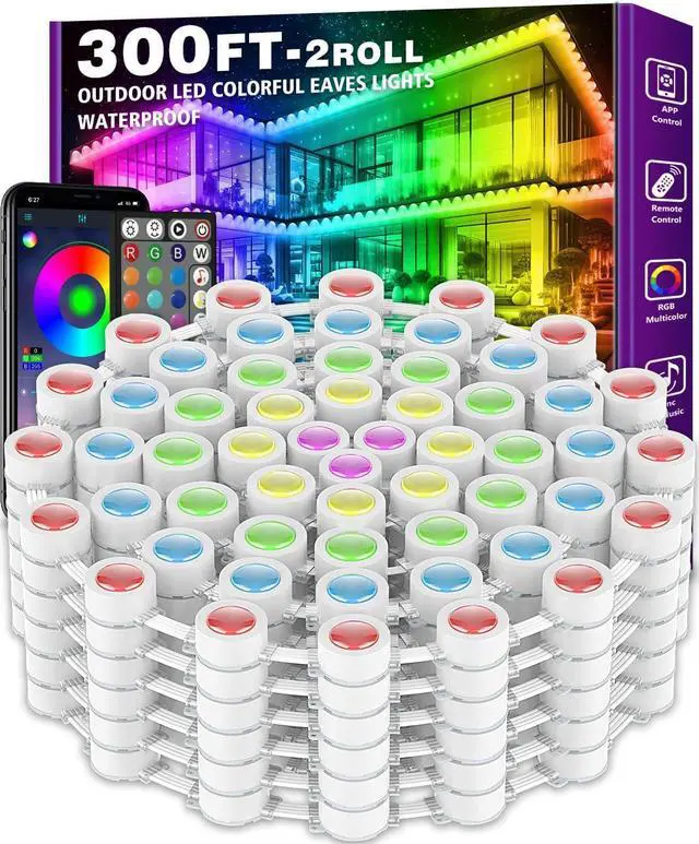Main image of 300FT Permanent Outdoor RGB Lights - IP67 Waterproof with Smart App Control Remote,DIY Scene Modes, Music Synchronization, Eaves Lights For Garden Decor, Deck, Christmas, Party, Party, Halloween,Roof