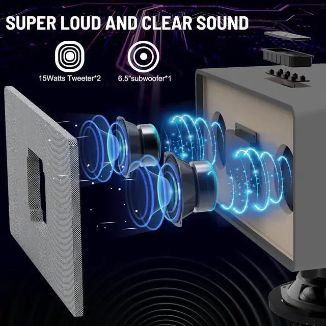 Alt view image 2 of 7 - K222 Karaoke Machine, with 2 Wireless Microphones & 5 Music Modes, Support Optical/Bluetooth/AUX/USB/PC, Wooden Bluetooth Speaker for TV/Home/Meeting/Karaoke/Party, Great for Music Lovers