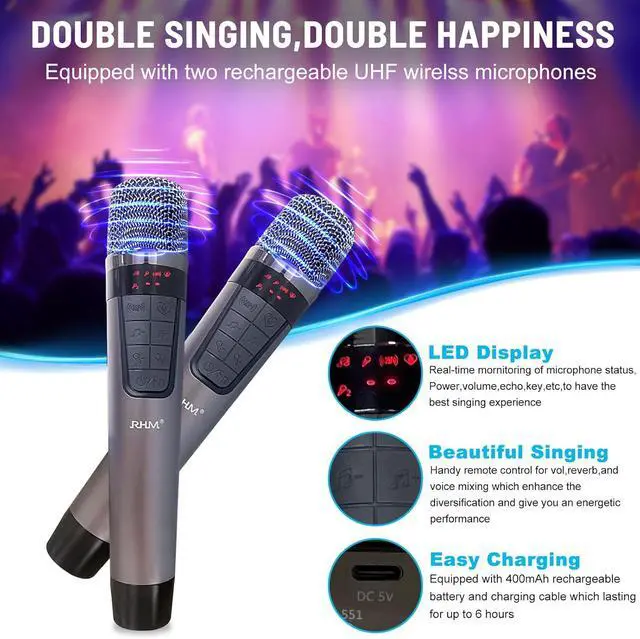 Alt view image 4 of 7 - K222 Karaoke Machine, with 2 Wireless Microphones & 5 Music Modes, Support Optical/Bluetooth/AUX/USB/PC, Wooden Bluetooth Speaker for TV/Home/Meeting/Karaoke/Party, Great for Music Lovers