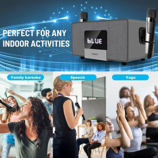 Alt view image 7 of 7 - K222 Karaoke Machine, with 2 Wireless Microphones & 5 Music Modes, Support Optical/Bluetooth/AUX/USB/PC, Wooden Bluetooth Speaker for TV/Home/Meeting/Karaoke/Party, Great for Music Lovers