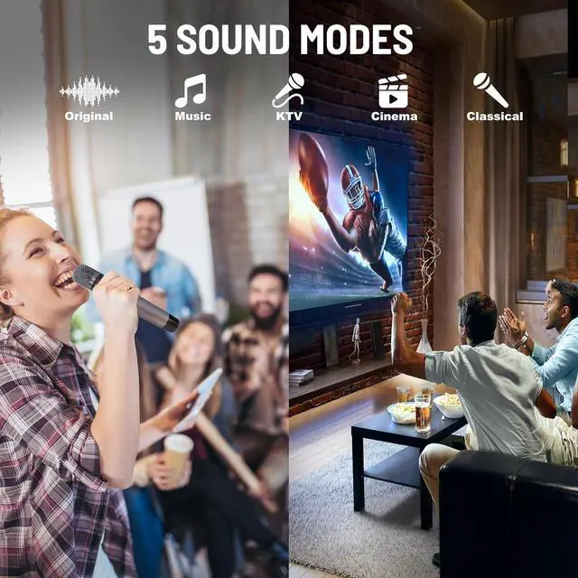 Alt view image 6 of 7 - K222 Karaoke Machine, with 2 Wireless Microphones & 5 Music Modes, Support Optical/Bluetooth/AUX/USB/PC, Wooden Bluetooth Speaker for TV/Home/Meeting/Karaoke/Party, Great for Music Lovers