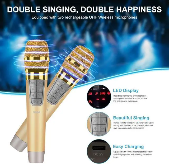 Alt view image 5 of 6 - K666 Karaoke Machine with Powerful & Clear Sound, 2 Wireless Microphones, Rechargeable Battery, 8 Hours Playtime, Support Bluetooth/AUX/USB/PC for Home, Party, Wedding, Picnic, Outdoors Activities
