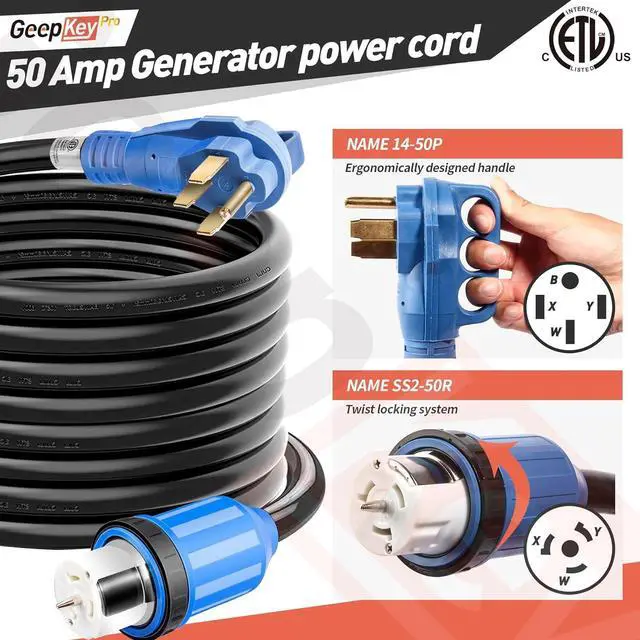 Alt view image 4 of 7 - 50 Amp Generator Cord and Power Inlet Box [Pre-Drilled], 50FT Generator Cords 50 Amp,125V/250V Generator Power Cord NEMA14-50P/SS2-50R Twist Lock Connector