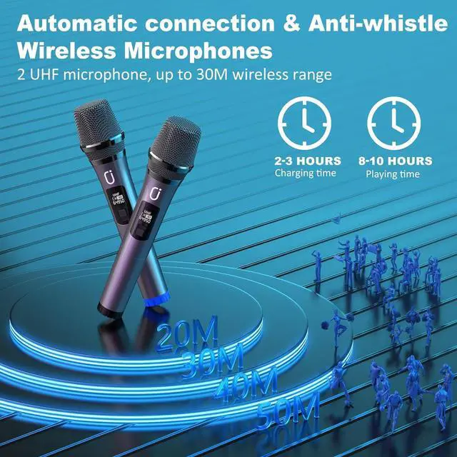Alt view image 3 of 7 - Karaoke Machine with 2 Wireless Microphones, Portable Bluetooth Karaoke Speaker for Outdoor, Big Party Speaker with Disco Lights for Gatherings, The Best Gifts for Christmas