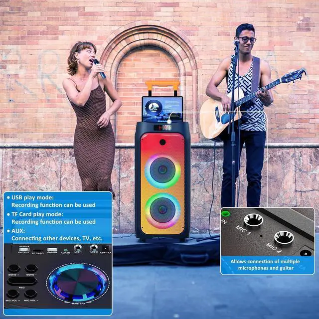 Alt view image 5 of 7 - Karaoke Machine with 2 Wireless Microphones, Portable Bluetooth Karaoke Speaker for Outdoor, Big Party Speaker with Disco Lights for Gatherings, The Best Gifts for Christmas