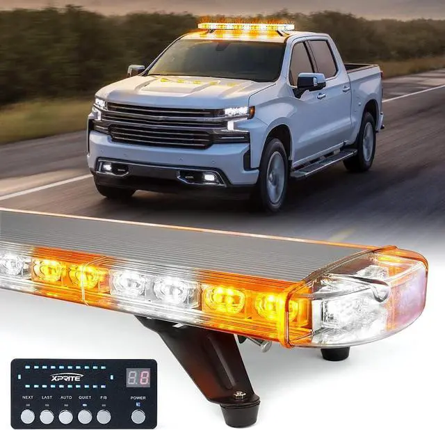 Main image of 48 Inch LED Rooftop Emergency Strobe Warning Lights Bar w/Adjustable Mounting Brackets, for Vehicles, Security, Law Enforcement, Snowplow, Tow Trucks, Crane, Construction Cars - White Amber