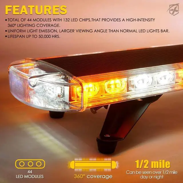 Alt view image 2 of 7 - 48 Inch LED Rooftop Emergency Strobe Warning Lights Bar w/Adjustable Mounting Brackets, for Vehicles, Security, Law Enforcement, Snowplow, Tow Trucks, Crane, Construction Cars - White Amber
