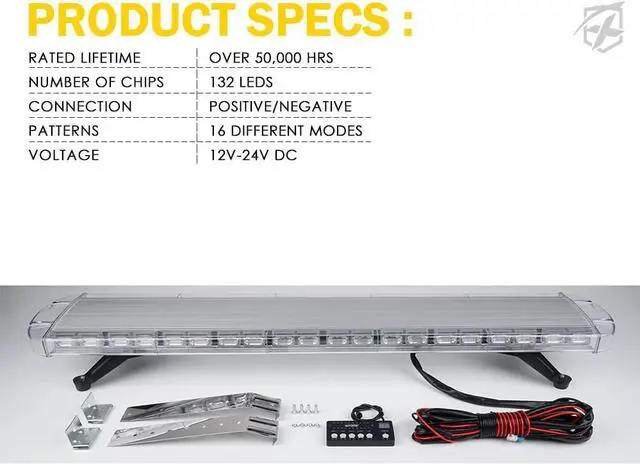 Alt view image 7 of 7 - 48 Inch LED Rooftop Emergency Strobe Warning Lights Bar w/Adjustable Mounting Brackets, for Vehicles, Security, Law Enforcement, Snowplow, Tow Trucks, Crane, Construction Cars - White Amber