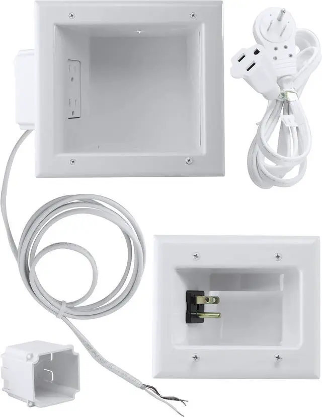 Electronics In Wall Cable Management Kit Behind Wall TV Wire Kit With Duplex Power Outlet - In Wall Cord Concealer With 3 Interchangeable Cable Inserts - Easy DIY Without Electrician White