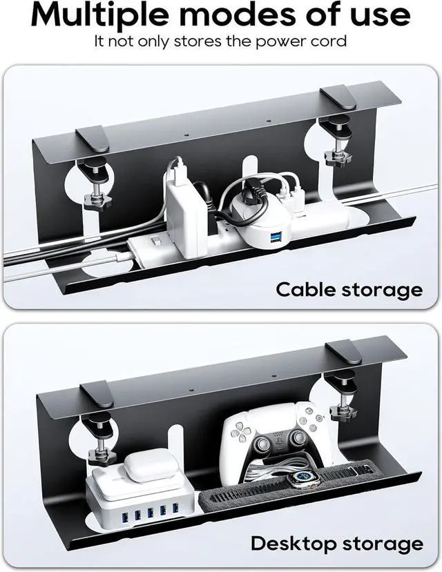 Alt view image 6 of 7 - No Drill Under Desk Cable Management Tray, 17'' Wire Management, Punch-Free Clamp on, Metal Cable Tray, Wire Organizer Under Desk, Under Desk Basket for Office and Home, Black(2 Packs)