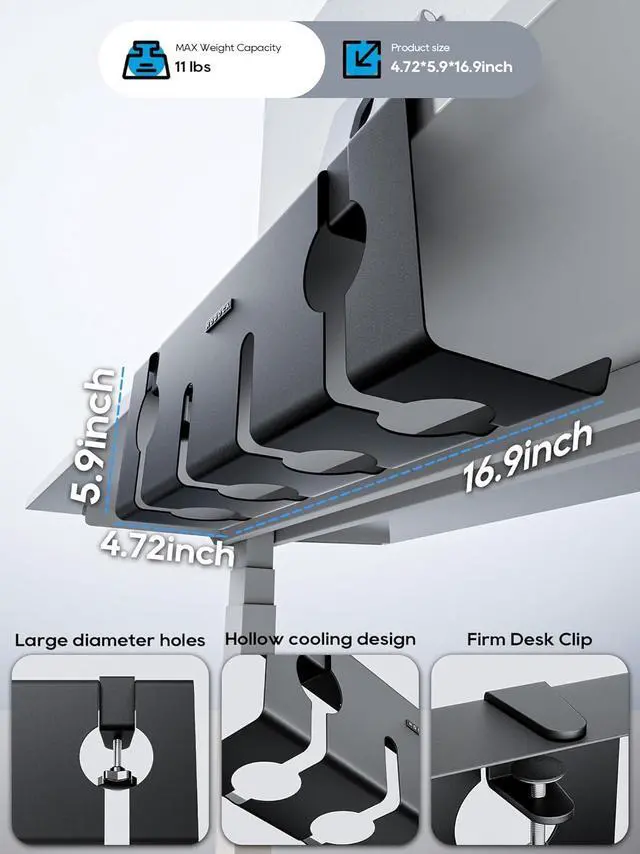Alt view image 7 of 7 - No Drill Under Desk Cable Management Tray, 17'' Wire Management, Punch-Free Clamp on, Metal Cable Tray, Wire Organizer Under Desk, Under Desk Basket for Office and Home, Black(2 Packs)