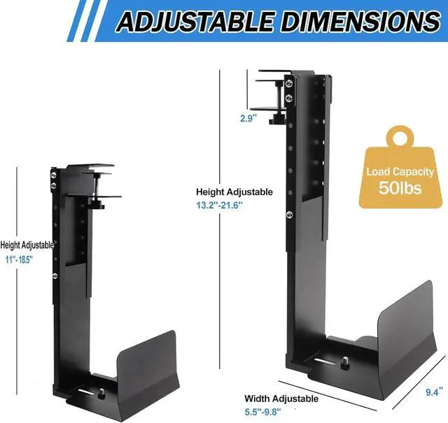 Alt view image 4 of 7 - Adjustable Clamp Mount On Desk for PC Tower - No Drilling, Height Adjustable from 13.2" to 21.6", Width Adjustable from 5.5" to 9.8", Heavy Duty Under Desk Computer Mount, Computer Mount for Desk