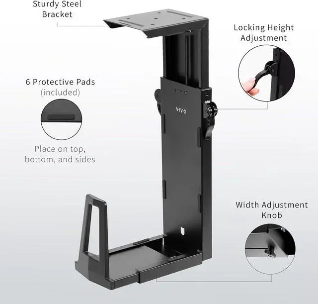 Alt view image 3 of 7 - Adjustable Under Desk Gaming PC Mount, Medium-Large Computer Case CPU Tower Holder with Secure Locking, Holds up to 33 lbs, Black, MOUNT-PC06E
