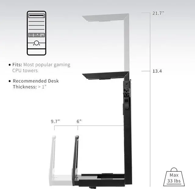 Alt view image 5 of 7 - Adjustable Under Desk Gaming PC Mount, Medium-Large Computer Case CPU Tower Holder with Secure Locking, Holds up to 33 lbs, Black, MOUNT-PC06E