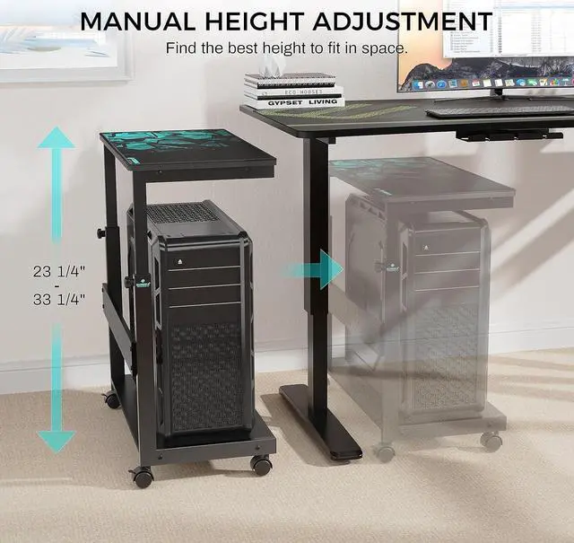 Alt view image 6 of 7 - Height Adjustable Computer Tower Stand, 2-Tier ATX-Case CPU Holder Cart Under Desk Mobile PC Standing Table Home Office Gaming Accessories w/Rolling Wheels & Mouse Pad, Black