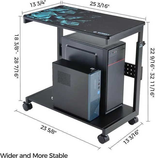 Alt view image 5 of 7 - Height Adjustable Computer Tower Stand, 2-Tier ATX-Case CPU Holder Cart Under Desk Mobile PC Standing Table Home Office Gaming Accessories w/Rolling Wheels & Mouse Pad, Black
