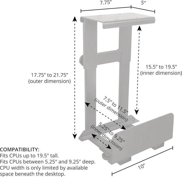 Alt view image 5 of 6 - Stand Up Desk Store Adjustable CPU Desktop Computer Tower Holder Under Desk Mount