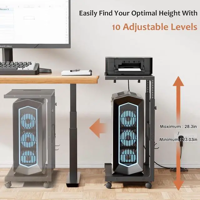 Alt view image 4 of 6 - Computer Tower Stand - Adjustable PC Tower Stand CPU Holder Cart with Charging Station for Office Home Classroom,23.03"-28.3" H, black