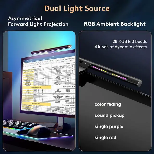 Alt view image 2 of 7 - Light Bar with RGB Backlight, Flat/Curved Screen Bar Reduce Eye Strain Monitor Lamp USB Powered Led Desk Lamp 17.7 inch with Dimming Memory for Desktop Space Saving and Gaming Home Office