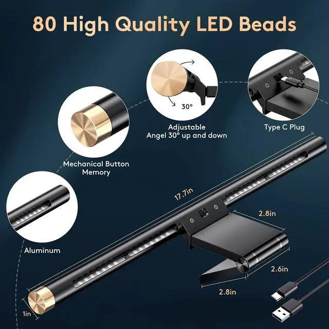 Alt view image 6 of 7 - Light Bar with RGB Backlight, Flat/Curved Screen Bar Reduce Eye Strain Monitor Lamp USB Powered Led Desk Lamp 17.7 inch with Dimming Memory for Desktop Space Saving and Gaming Home Office