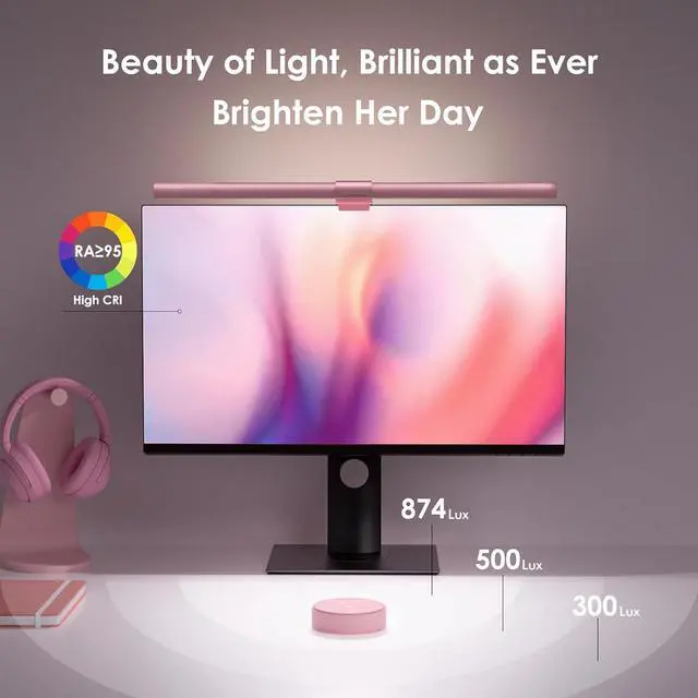 Alt view image 2 of 7 - Pink Monitor Light Bar with Remote, Eye-Care No Glare, Space Saving Computer Desk Lamp As Gifts for Girls, Stepless Dimming, Modern Aesthetic Desk Light Bar for Home Office Gaming Reading