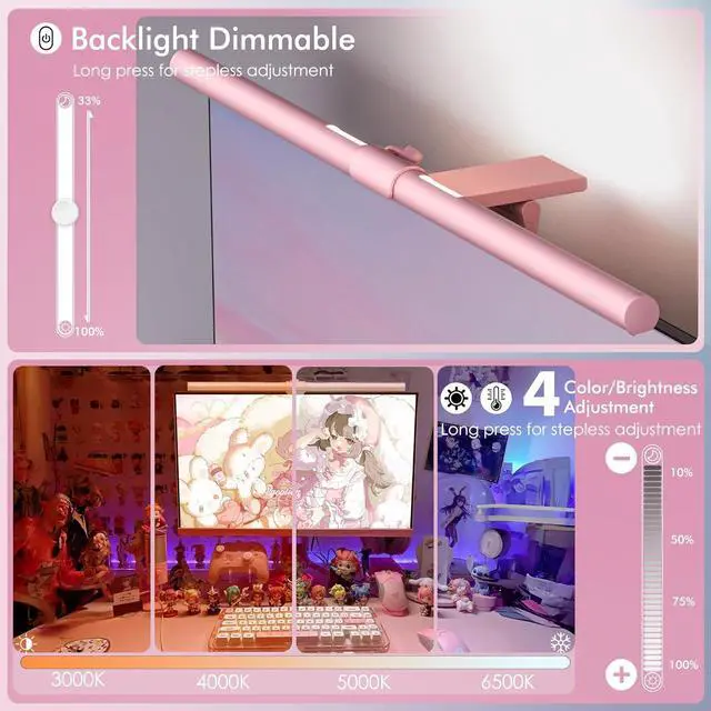 Alt view image 6 of 7 - Pink Monitor Light Bar with Remote, Eye-Care No Glare, Space Saving Computer Desk Lamp As Gifts for Girls, Stepless Dimming, Modern Aesthetic Desk Light Bar for Home Office Gaming Reading