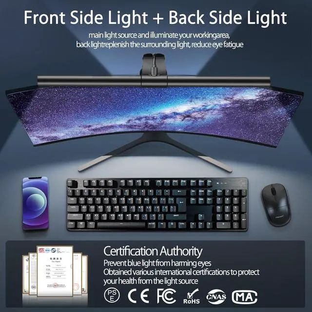 Alt view image 5 of 7 - Monitor Light Bar (Pack of 2) Screen Light Bar,CRI95 Desk Lamp for Eye-Caring,No Glare,Dual Light,Filter Blue-Light,3-Color Mode,Memory Dimming,e-Reading Task Lamp,Computer Light for Desk