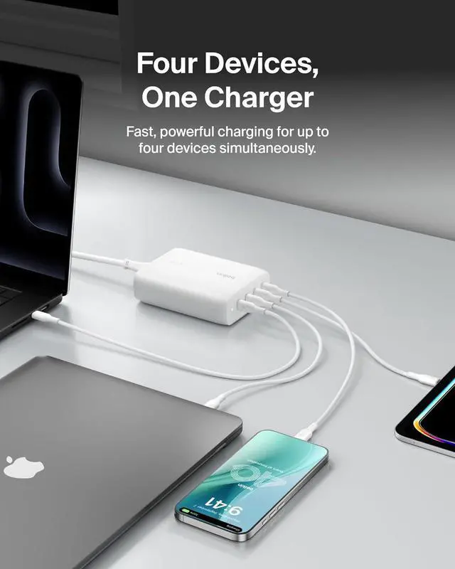 Alt view image 2 of 7 - Belkin 4-Port USB C Charger Block 200W - GaN Multi-Port Charger USB-C PD 3.1 Fast Charge + 5ft Power Cord - MacBook, iPhone 16, iPad, Galaxy S25, Google Pixel, Nintendo Switch 2 & More