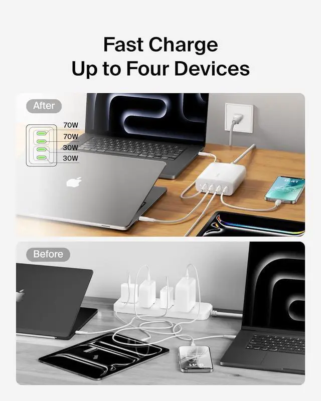Alt view image 4 of 7 - Belkin 4-Port USB C Charger Block 200W - GaN Multi-Port Charger USB-C PD 3.1 Fast Charge + 5ft Power Cord - MacBook, iPhone 16, iPad, Galaxy S25, Google Pixel, Nintendo Switch 2 & More