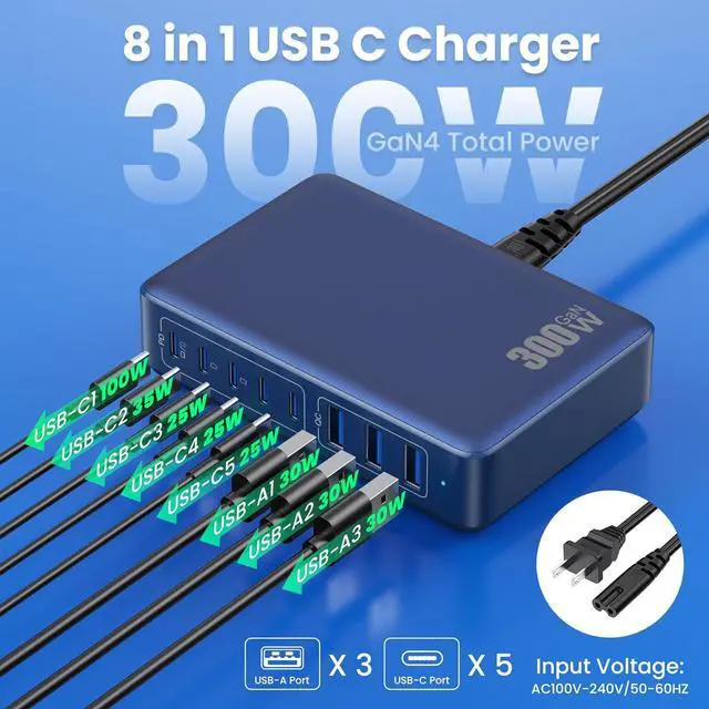Alt view image 2 of 7 - USB C Charger 300W USB C Charger Block 8-Ports GaN IV Fast Charging Station,PD 100W Laptop Charger Hub Wall Charger Adapter Compatible with MacBook/Air,,Steam Desk,iPhone 16/15/14,Galaxy S24 etc