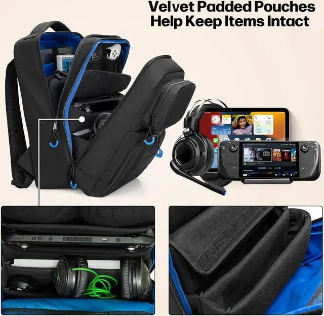 Alt view image 3 of 7 - Carrying Backpack Compatible with Steam Deck, Travel Case Bag with Separate Game Cards Holder, Multi-Pockets For Game Headset, Docking Station, Controllers and More (Patent Design)