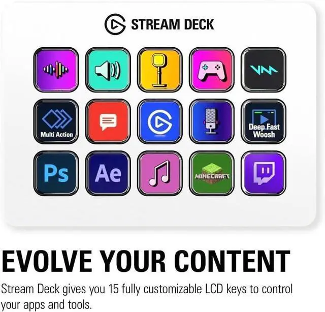 Alt view image 2 of 7 - Stream Deck MK.2 White  Studio Controller, 15 macro keys, trigger actions in apps and software like OBS, Twitch, YouTube and more, works with Mac and PC