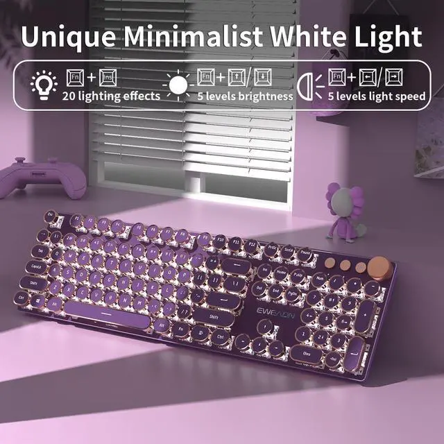 Alt view image 2 of 6 - Typewriter Style Mechanical Gaming Keyboard,104 Keys Backlit LED Keyboard, Media Control Knob, Wired Computer Keyboard Pink Switch for Windows/Mac/PC-Purple