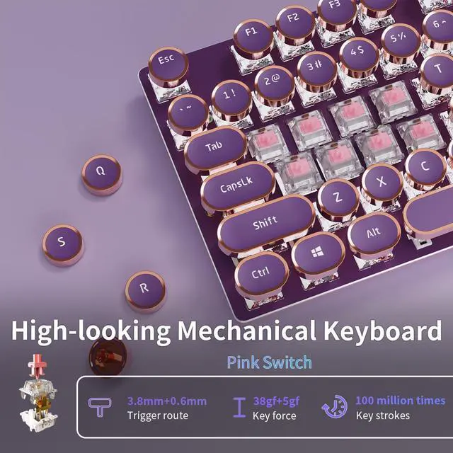 Alt view image 3 of 6 - Typewriter Style Mechanical Gaming Keyboard,104 Keys Backlit LED Keyboard, Media Control Knob, Wired Computer Keyboard Pink Switch for Windows/Mac/PC-Purple