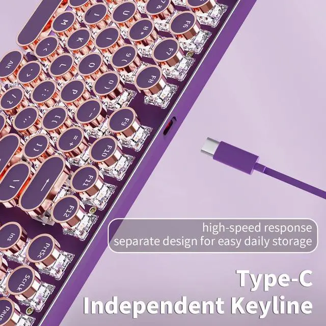Alt view image 5 of 6 - Typewriter Style Mechanical Gaming Keyboard,104 Keys Backlit LED Keyboard, Media Control Knob, Wired Computer Keyboard Pink Switch for Windows/Mac/PC-Purple