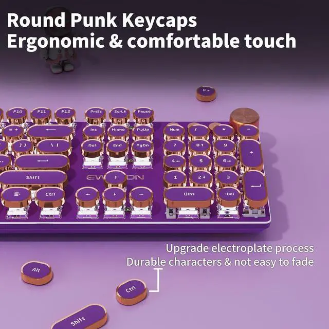 Alt view image 6 of 6 - Typewriter Style Mechanical Gaming Keyboard,104 Keys Backlit LED Keyboard, Media Control Knob, Wired Computer Keyboard Pink Switch for Windows/Mac/PC-Purple
