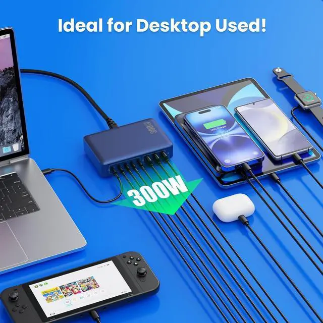 Alt view image 6 of 7 - USB C Charger 300W USB C Charger Block 8-Ports GaN IV Fast Charging Station,PD 100W Laptop Charger Hub Wall Charger Adapter Compatible with MacBook/Air,,Steam Desk,iPhone 16/15/14,Galaxy S24 etc