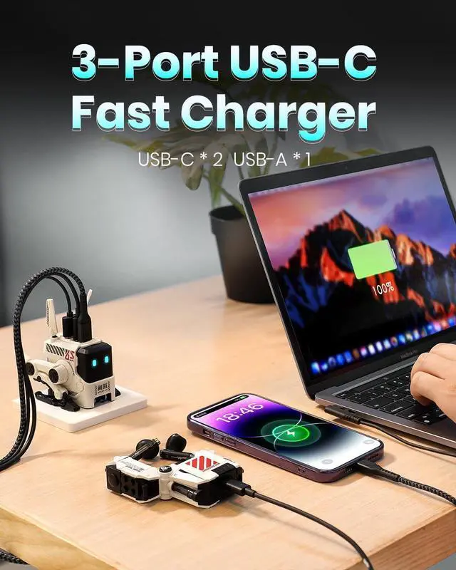 Alt view image 3 of 6 - 65W USB C Charger, Alpha65 Robot Fast GaN Charger Block, 3-Port Fast Power Adapter, Foldable Compact Wall USB C Charger for iPhone, MacBook, iPad, Galaxy S23/S24, Steam Deck (65W, White)