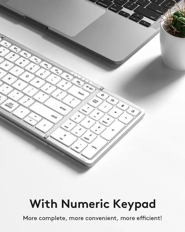 Alt view image 6 of 7 - Bluetooth Keyboard with Numeric Keypad, Samsers Full-Size Wireless Folding Keyboard with PU Leather, Portable Travel Keyboard for iOS Android Windows MacOS, Support 3 Device(BT5.1 x 3) Silver