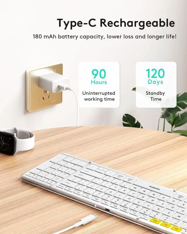 Alt view image 5 of 7 - Bluetooth Keyboard with Numeric Keypad, Samsers Full-Size Wireless Folding Keyboard with PU Leather, Portable Travel Keyboard for iOS Android Windows MacOS, Support 3 Device(BT5.1 x 3) Silver