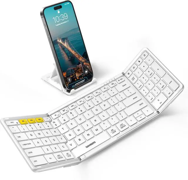 Main image of Bluetooth Keyboard with Numeric Keypad, Samsers Full-Size Wireless Folding Keyboard with PU Leather, Portable Travel Keyboard for iOS Android Windows MacOS, Support 3 Device(BT5.1 x 3) Silver