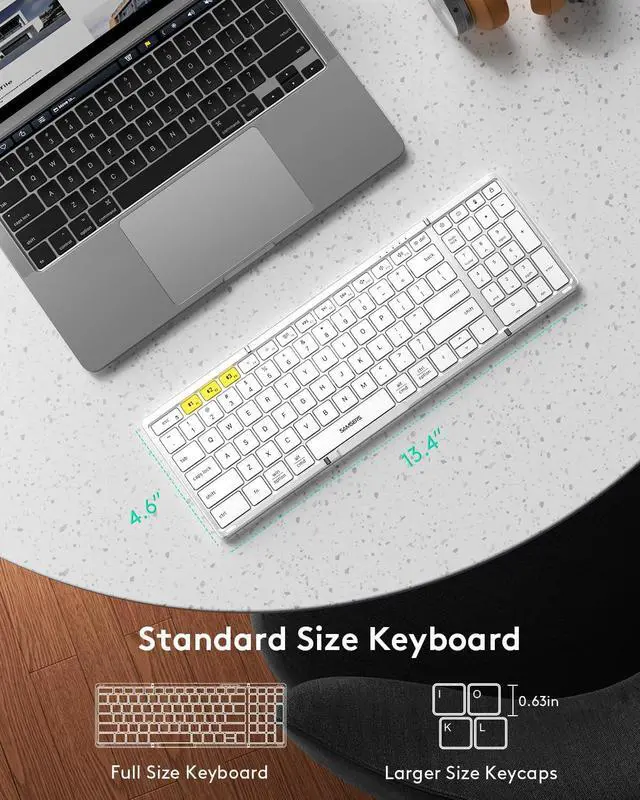 Alt view image 3 of 7 - Bluetooth Keyboard with Numeric Keypad, Samsers Full-Size Wireless Folding Keyboard with PU Leather, Portable Travel Keyboard for iOS Android Windows MacOS, Support 3 Device(BT5.1 x 3) Silver