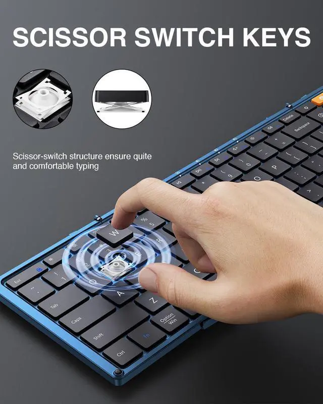 Alt view image 4 of 7 - Foldable Bluetooth Keyboard, XK01 Folding Wireless Portable Keyboard with Number Pad, Full-Size Travel Keyboard for Windows iOS Android Tablet Smartphone Laptop PC - Dark Blue